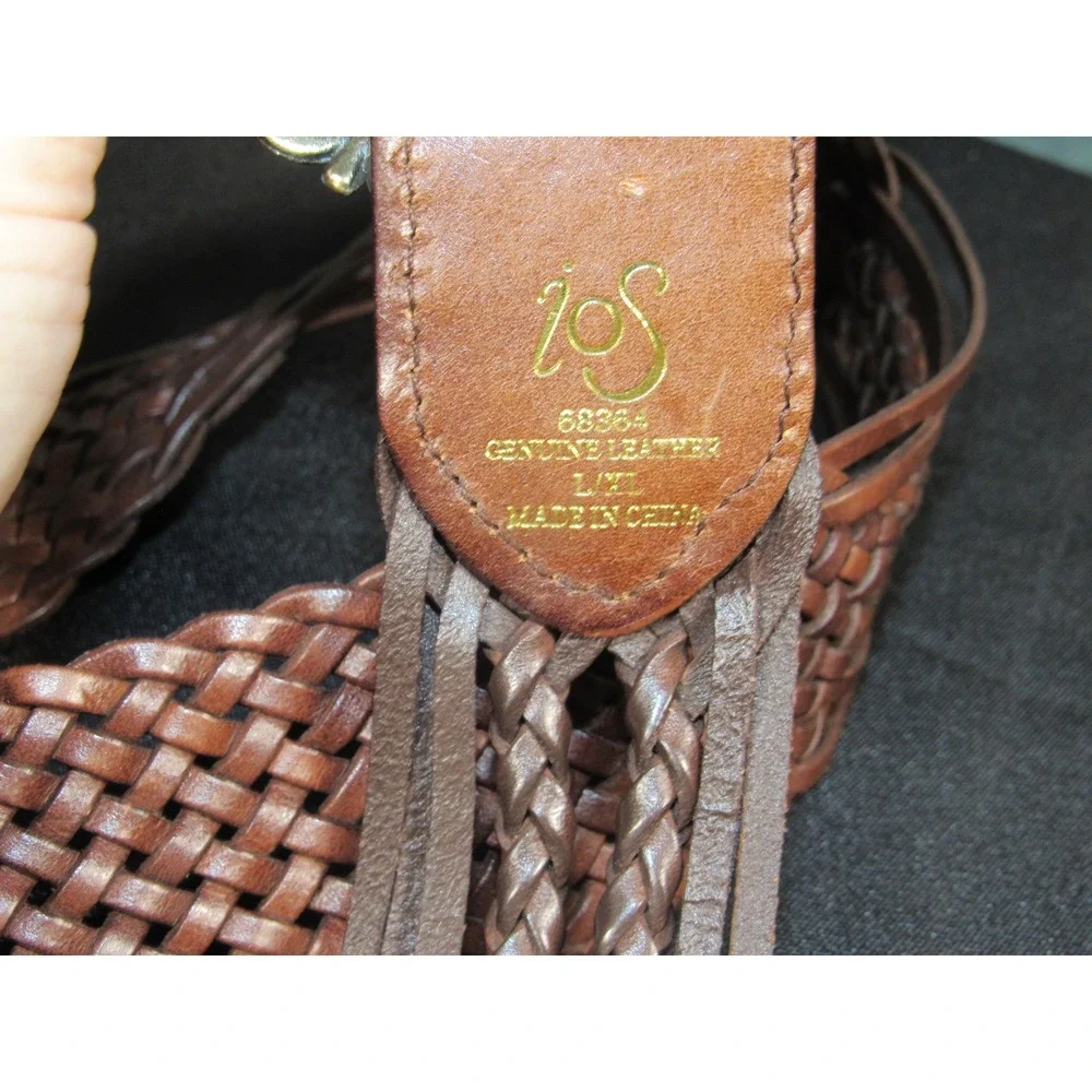 IOS Brown Woven Braided Leather Belt Amber Cabochon Medallion Buckle L/XL 68364